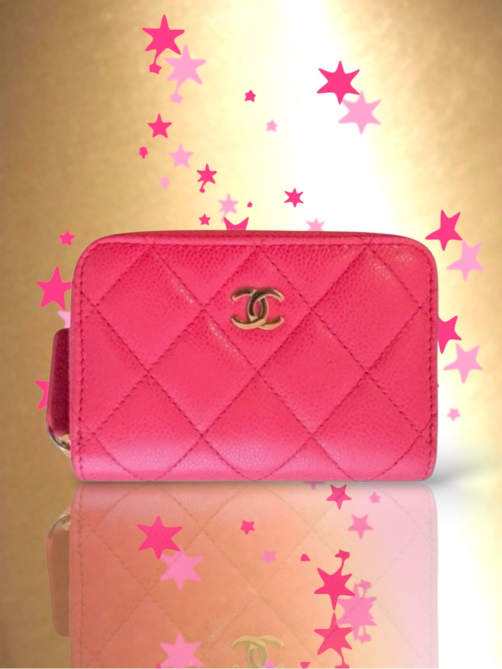 💞CHANEL Zip Coin Purse Wallet Quilted Hot Pink CAVIAR CC Logo Gold-Tone Hardware